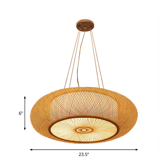 Curved Bamboo Drum Pendant Light, 2/3 Bulbs, 18"/23.5" Wide, Wood Ceiling Hanging Tradition Lighting