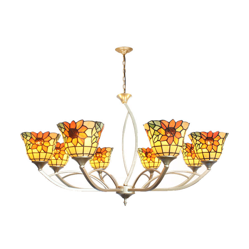 Tiffany Sunflower/Leaf Chandelier Light Fixture - 6/8 Lights, White/Orange for Living Room
