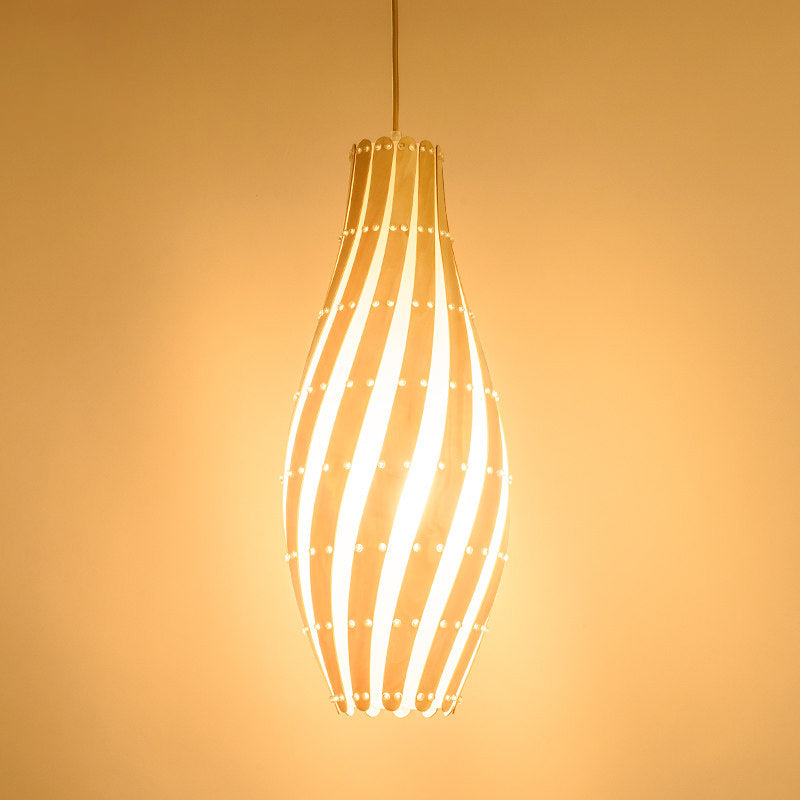 Wooden Pendant Lamp with Beige Shade - 1 Bulb, 8"/12" Wide - Ceiling Hanging Light for Restaurants
