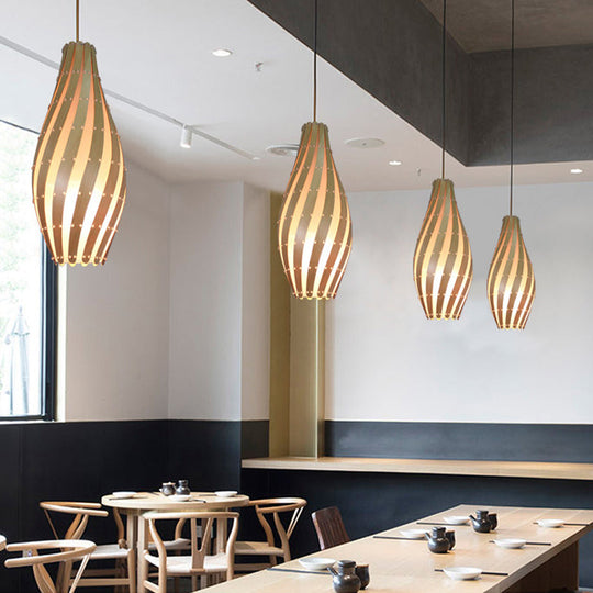Wooden Jar Pendant Lamp With Beige Shade - Perfect For Restaurant Ceiling Lighting