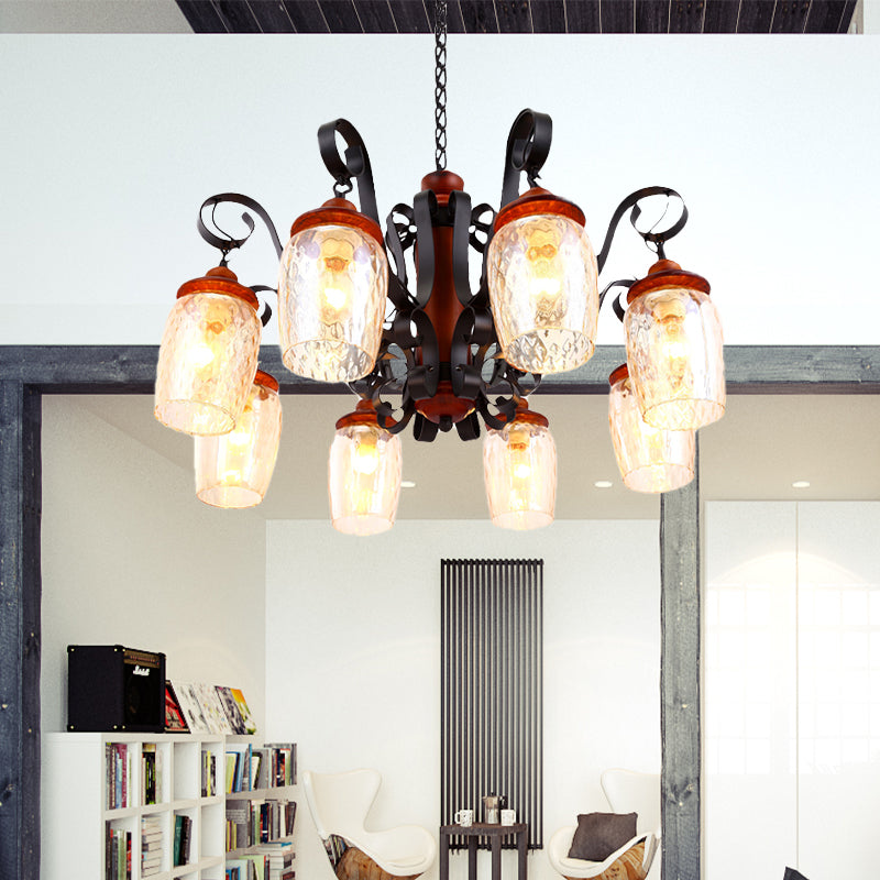 8-Light Dimple Glass Chandelier - Antiqued Black Curved Arm Ceiling Pendant For Living Room