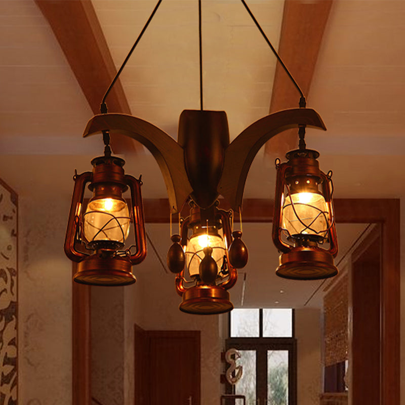 Dark Wood Industrial Kerosene Chandelier - 3-Light Clear Glass Ceiling Hanging Lamp for Living Room