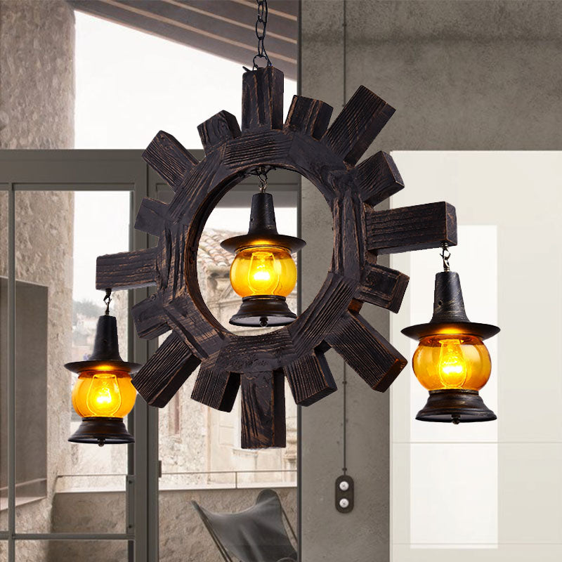 Black Kerosene Chandelier - Amber Glass, 3-Light Ceiling Fixture for Living Room