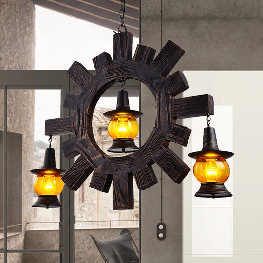 Amber Glass Black Kerosene Chandelier With 3 Lights For Living Room Ceiling