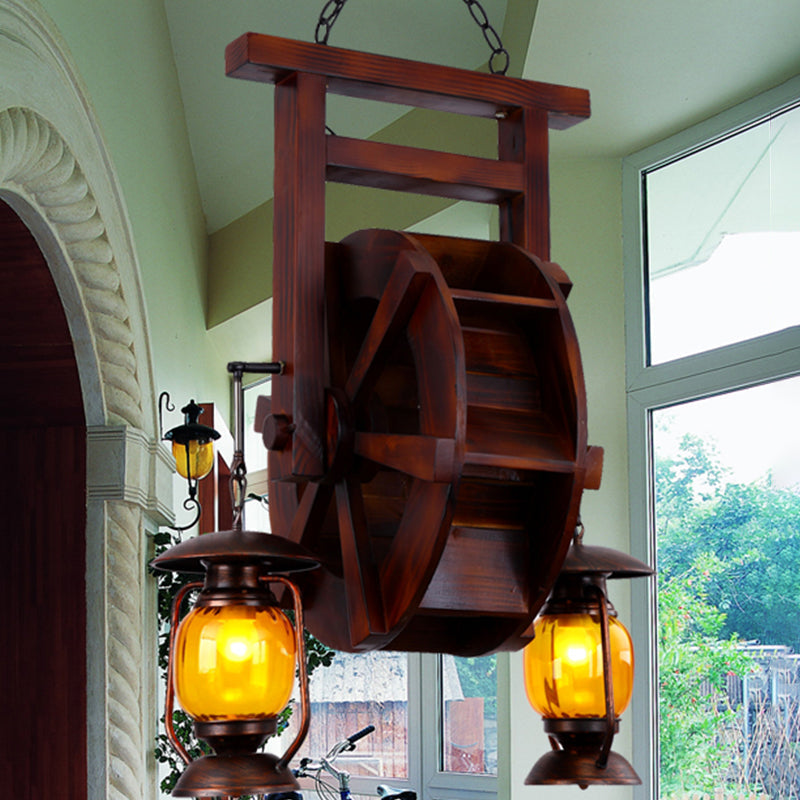 Dark Wood Chandelier with 3 Lights, Amber Glass Lantern - Warehouse Hanging Lamp Kit