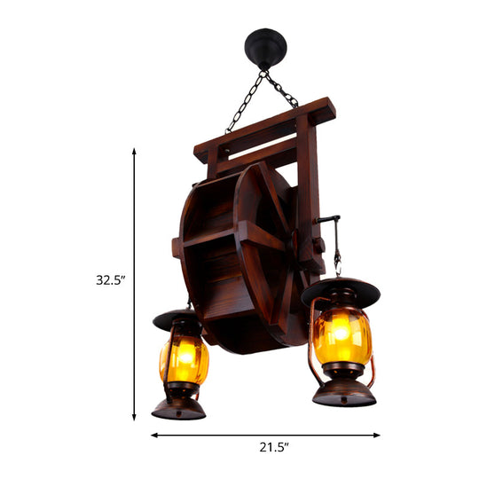 Dark Wood 3-Light Chandelier With Amber Glass Lantern - Hanging Lamp For Warehouse Lighting
