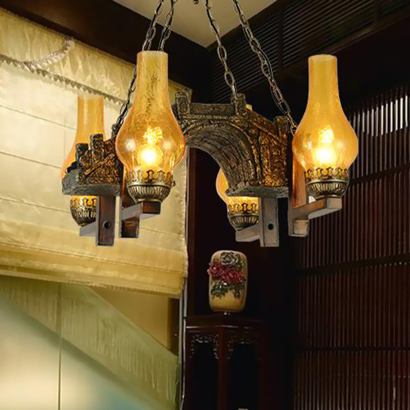 Vintage Amber Crackle Glass Kitchen Chandelier Pendant Light - Bronze 4-Light Drop Lamp