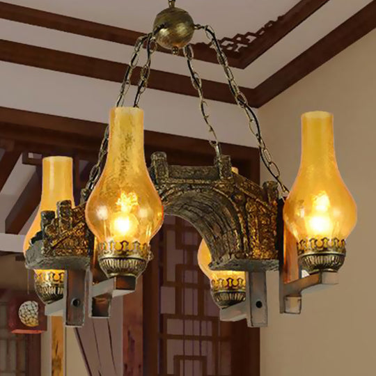 Vintage Amber Crackle Glass Kitchen Chandelier Pendant Light - Bronze 4-Light Drop Lamp