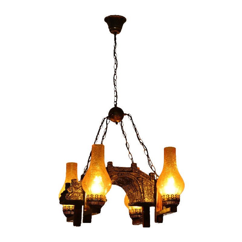 Vintage Amber Crackle Glass Vase Chandelier Pendant Light - Bronze Drop Lamp with 4 Lights