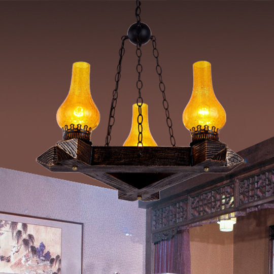 Amber Crackle Glass Ceiling Chandelier | Retro Dark Wood & Vase Design 3-Light Suspension Light For