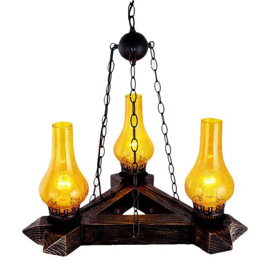 Retro Dark Wood Vase Chandelier with Amber Crackle Glass Ceiling and 3 Lights – Ideal for Restaurants