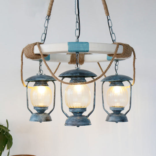 Blue Lantern Chandelier with 3 Clear Glass Lights - Hanging Light Fixture from Factory