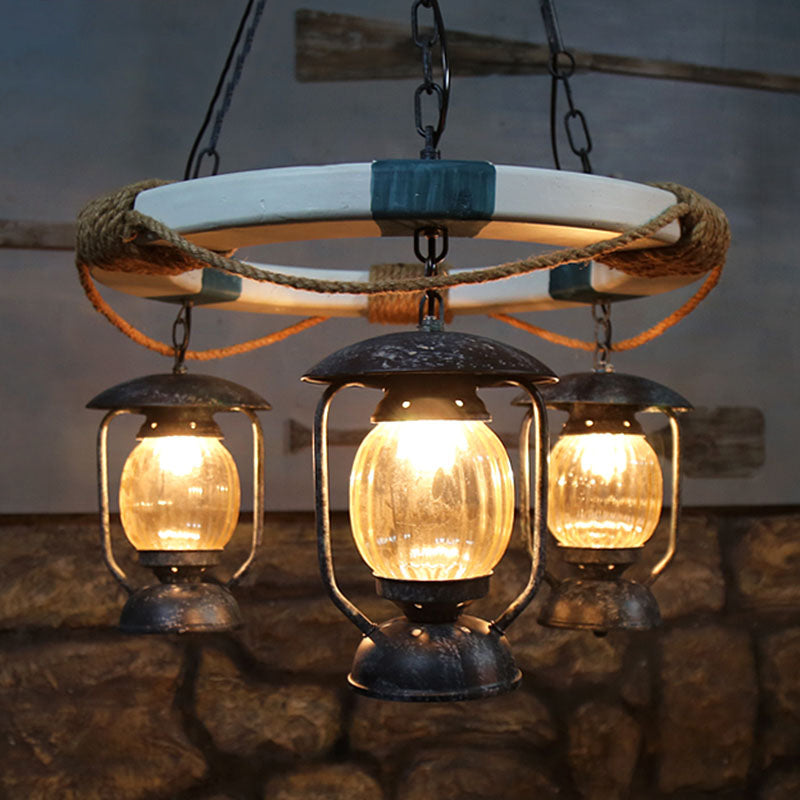 Blue Glass Lantern Chandelier - 3-Light Hanging Fixture From Lighting Factory