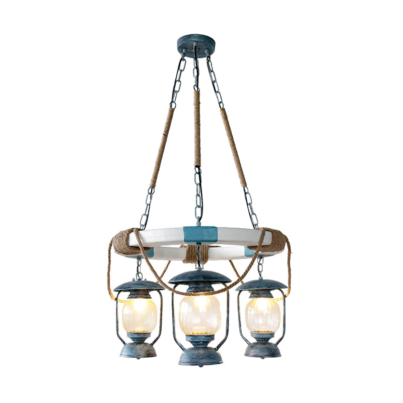 Blue Glass Lantern Chandelier - 3-Light Hanging Fixture From Lighting Factory