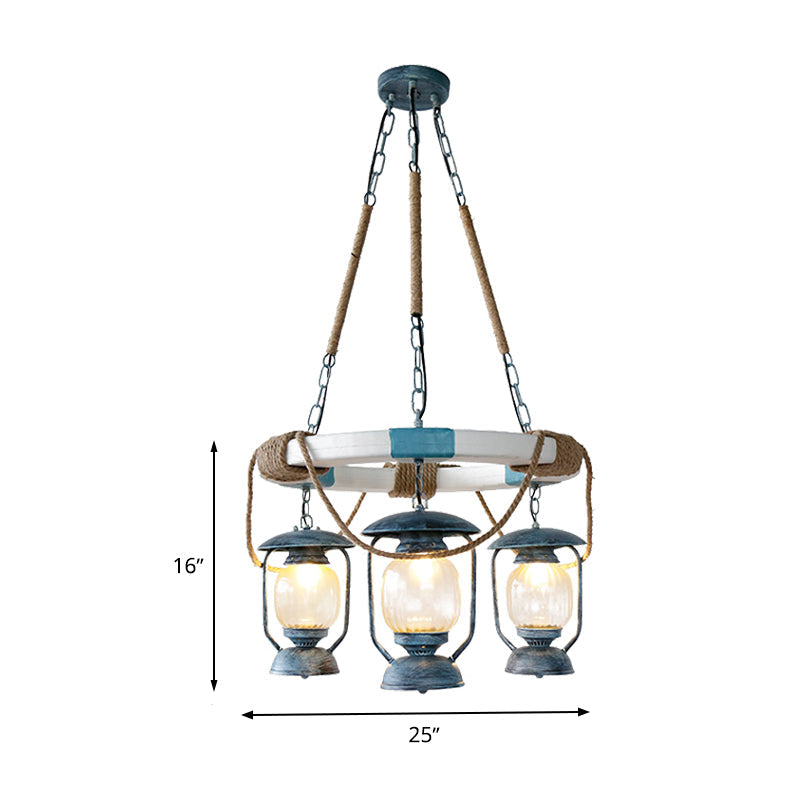 Blue Lantern Chandelier with 3 Clear Glass Lights - Hanging Light Fixture from Factory