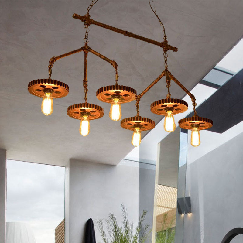Industrial-Style Metal Island Light Fixture - 6 Lights Rust Bare Bulb Chandelier For Restaurants