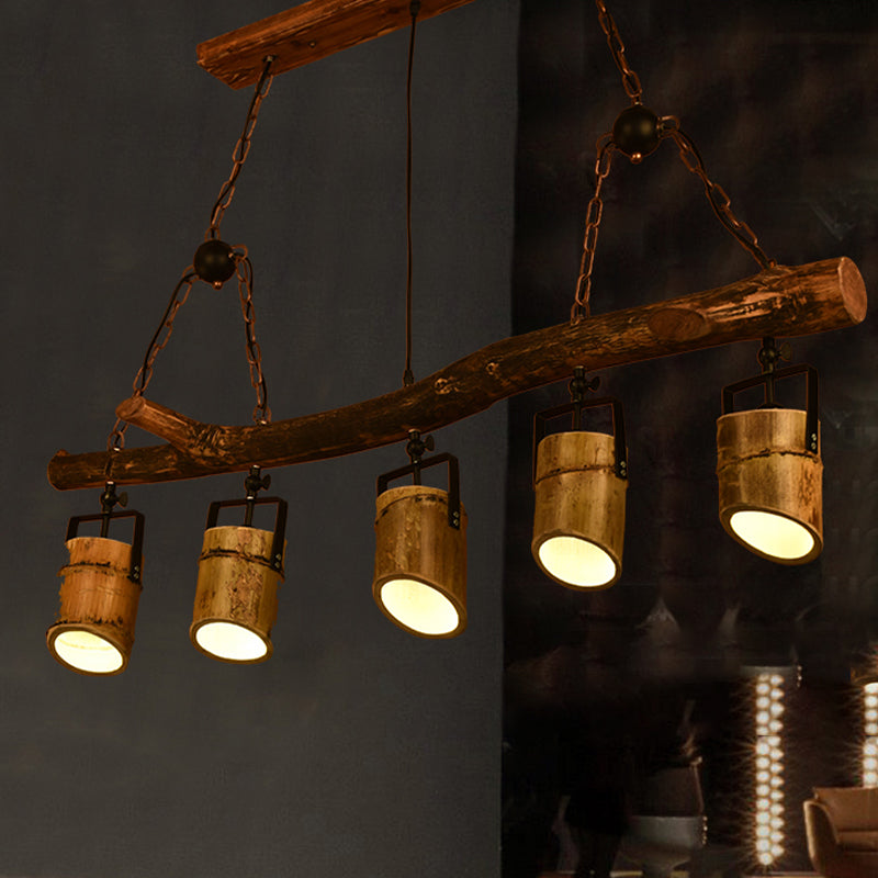 Farmhouse Bamboo Pendant Light- Wood Linear Island Lamp With 5 Lights Ideal For Restaurants