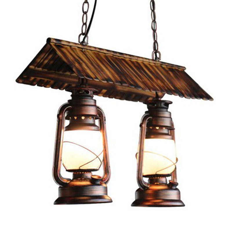 Vintage Style Kerosene Island Light Chandelier With 2 Dark Brown Metal Pendant Lights For Kitchen
