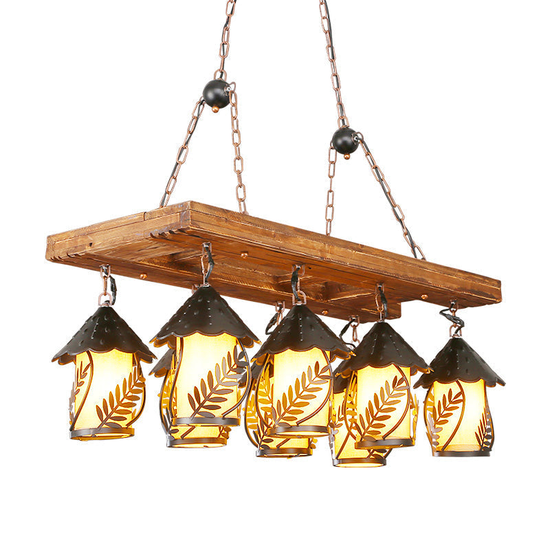Vintage 8-Light Island Pendant Chandelier In Black: Rectangle White Fabric & Clear Glass