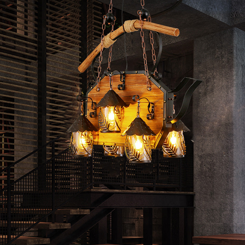 Retro Ship-Shaped Island Lamp - Black Metallic Hanging Light Fixture For Restaurants 6 Lights White