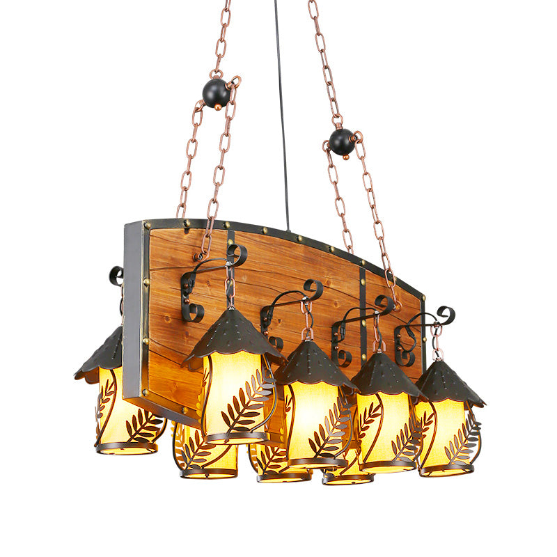 Industrial Black Lantern Island Pendant Light With 8 Lights Metal Arm White Fabric/Clear Glass - For