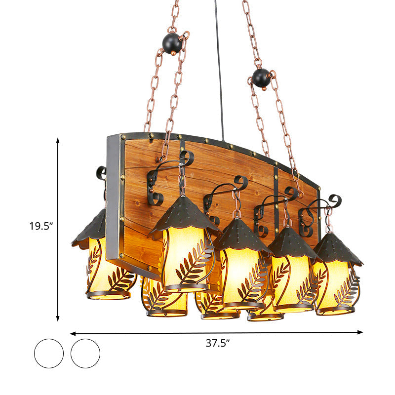 Industrial Black Lantern Island Pendant Light With 8 Lights Metal Arm White Fabric/Clear Glass - For