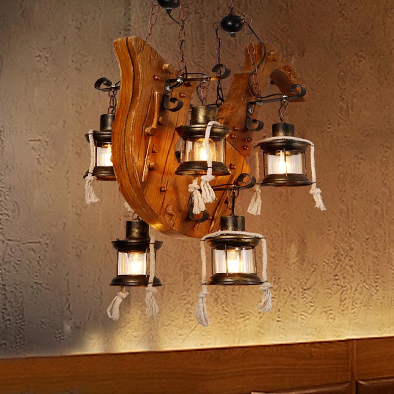 6-Light Dining Room Island Chandelier With Kerosene Clear Glass Shade - Factory Wood Hanging Light