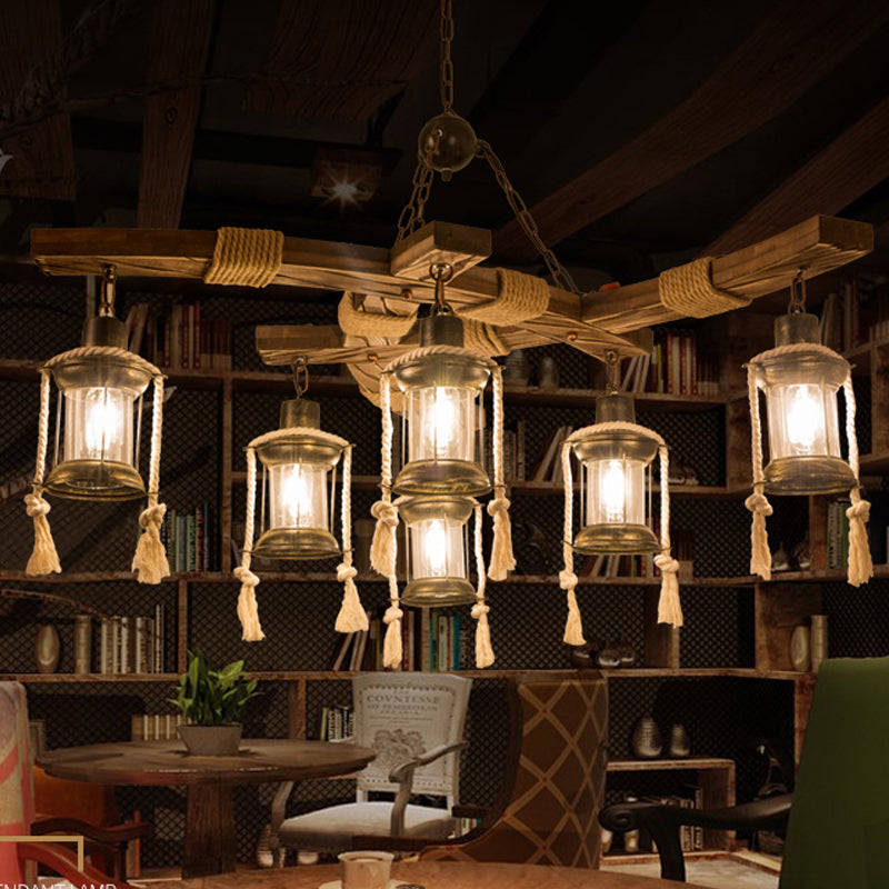 Lantern Restaurant Island Light - Clear Glass & Wood Hanging Lamp With 6 Lights