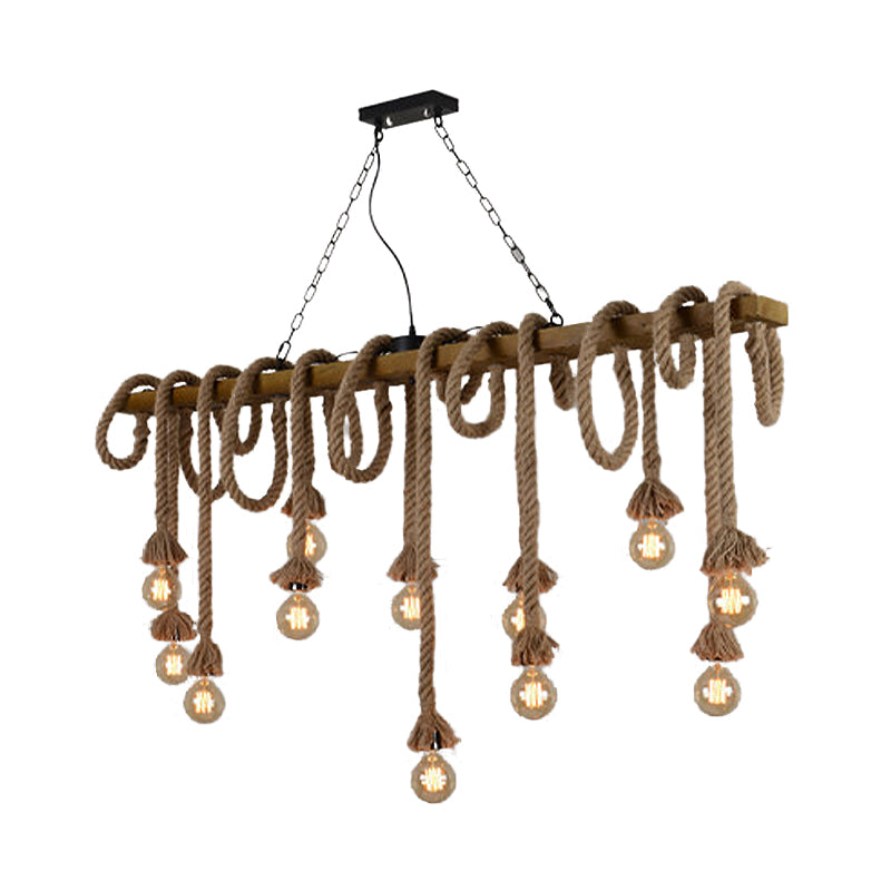 Industrial-Style Wood Beige Island Chandelier - 8-Light Linear Pendant Lamp For Dining Room