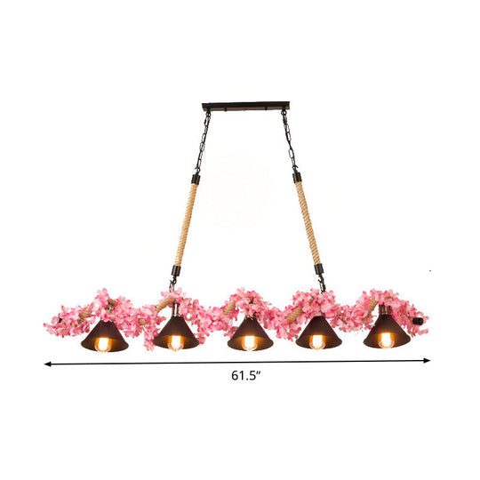 Factory Conical Island Pendant Light In Pink - 5-Light Metal Hanging Lamp Kit For Dining Room