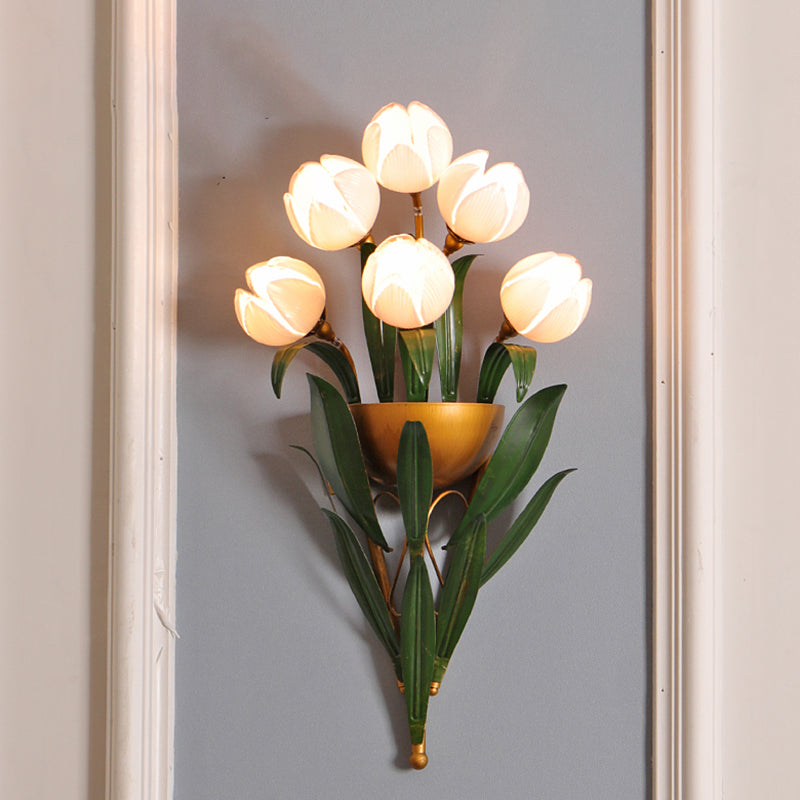 Lotus Pink Glass Wall Sconce With 6 Brass Lights - Perfect Bedroom Lighting