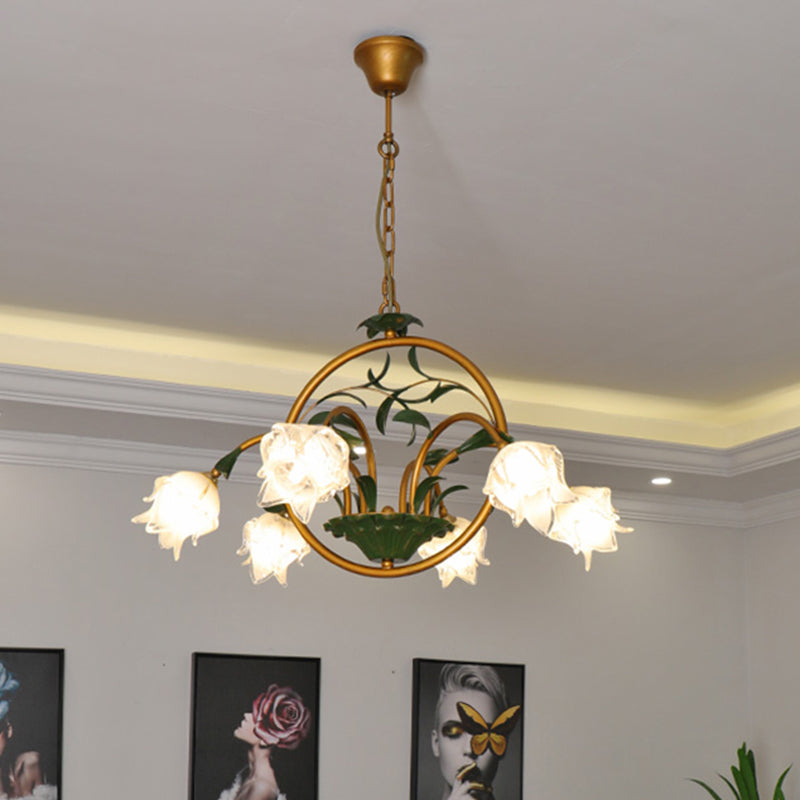 Traditional Floral Ceiling Chandelier - White/Yellow/Purple Glass 6 Hanging Light Heads White
