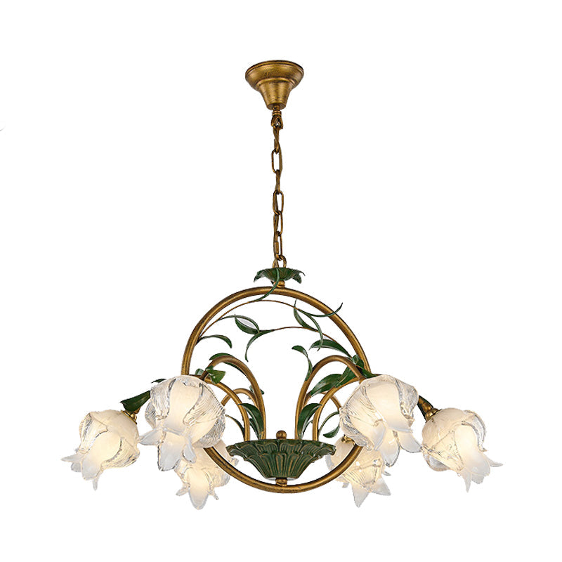 Traditional Floral Ceiling Chandelier - White/Yellow/Purple Glass 6 Hanging Light Heads