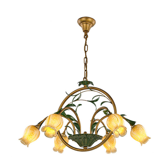 Traditional Floral Ceiling Chandelier - White/Yellow/Purple Glass 6 Hanging Light Heads