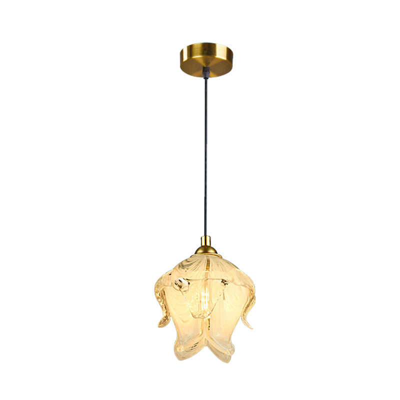 Traditional Brass Hanging Lamp With Floral Crystal Shade - Perfect Bedroom Drop Light
