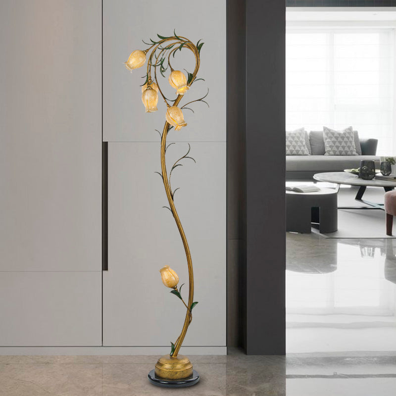 Beige Glass Tree Floor Lamp: Rural Floral Bedroom Standing Light In Brass - 6 Lights