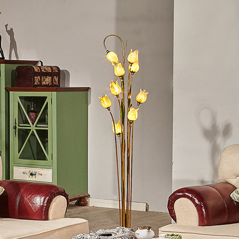 Traditional Beige Glass Floor Lamp With 9 Lights - Flower Living Room Stand-Up In Brass