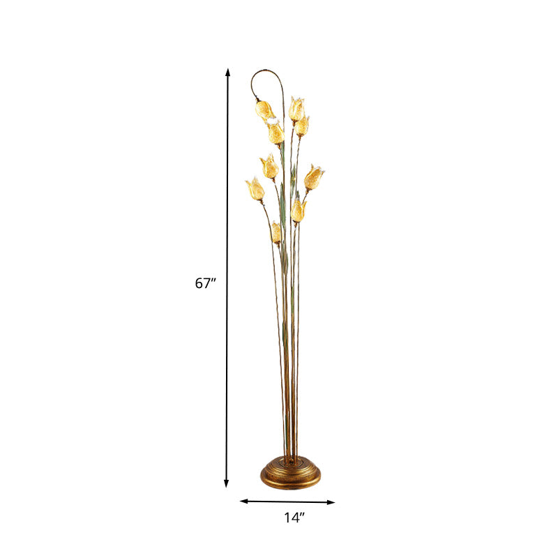 Traditional Beige Glass Floor Lamp With 9 Lights - Flower Living Room Stand-Up In Brass