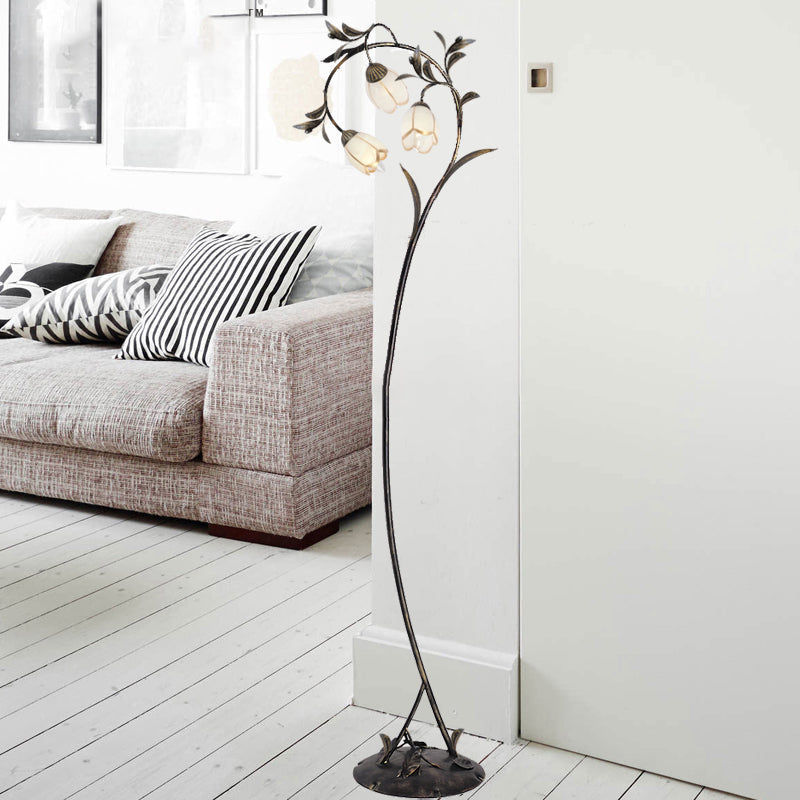 Vintage Brass Floor Lamp With Rustic Milky Glass Blossom Design - 3 Lights For Living Room Antique