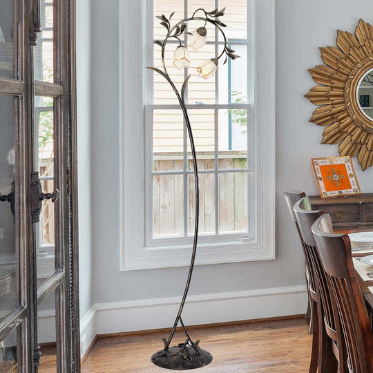 Vintage Brass Floor Lamp With Rustic Milky Glass Blossom Design - 3 Lights For Living Room