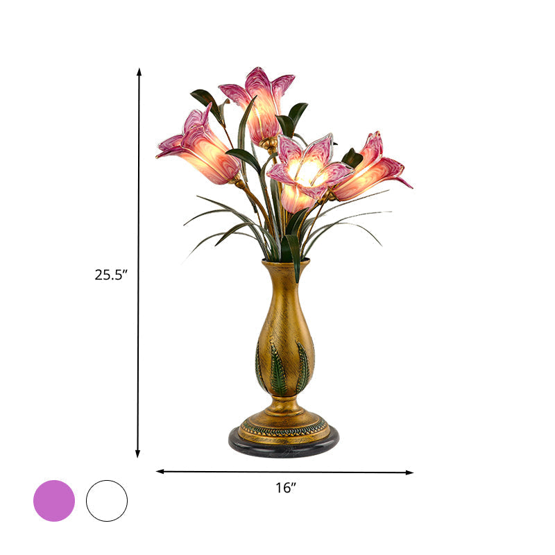 White/Purple Glass Floral Table Light: Traditional-Style 4-Light Nightstand Lamp