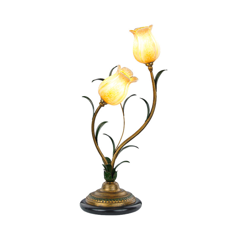 Countryside Blossom Table Lamp: White/Yellow Glass Night Light With Brass Accents For Living Room -