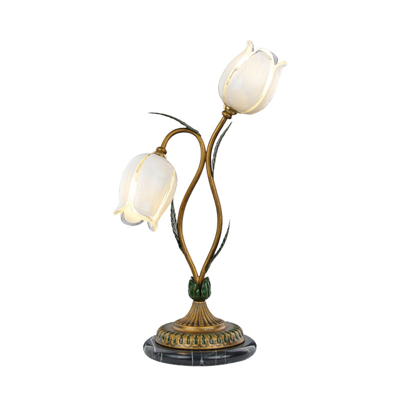 Countryside Blossom Table Lamp: White/Yellow Glass Night Light With Brass Accents For Living Room -