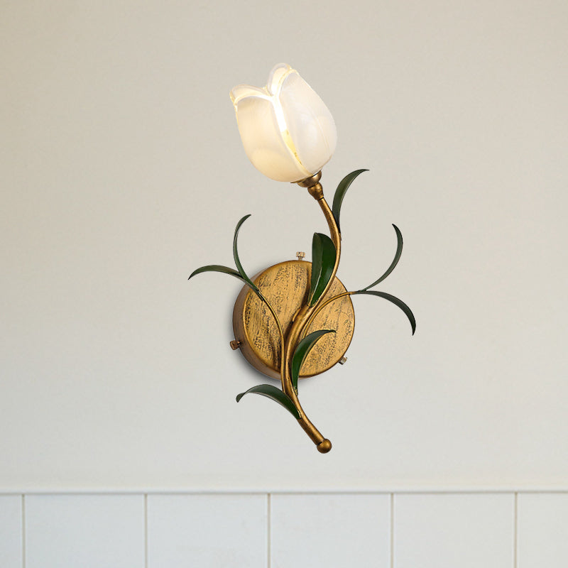 Rustic Floral Wall Sconce Light: Brass 1-Head Lamp With White/Yellow Glass Perfect For Living Room