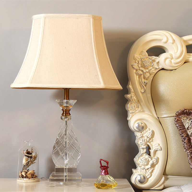 Traditional Beige Fabric Night Lamp With Crystal Base - Bedroom Nightstand Light