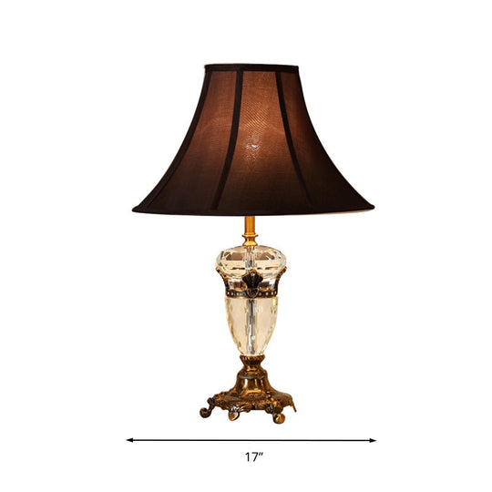 Brown Crystal Nightstand Lamp With Cone Fabric Shade - Single Head Table Light For Rural Ambiance