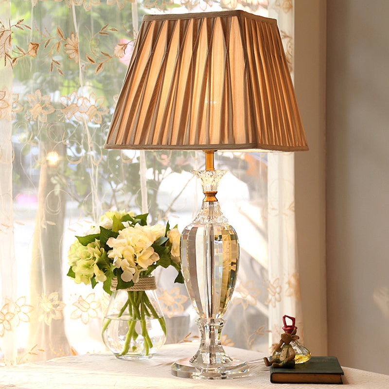 Rustic Beige Fabric Table Lamp With Pleated Shade And Crystal Urn Base - 1-Light Night Light