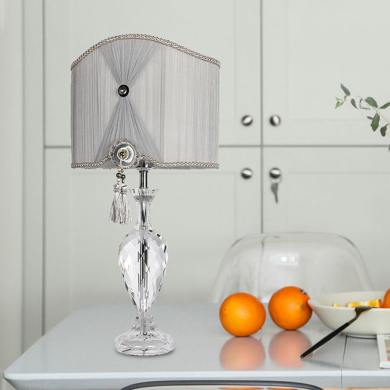 Minimalist Grey Crystal Table Lamp With Fabric Shade - Elegant Bedroom Night Light