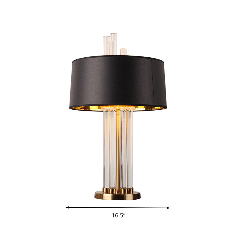 Fabric Drum Table Lamp With Crystal Accent - Elegant Black Night Light For Bedrooms