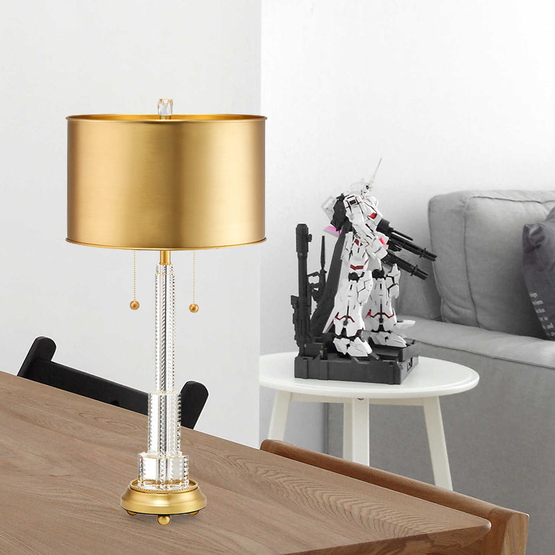 Gold Metal Drum Shade Crystal Table Lamp - Modern Single Bulb Night Light For Bedrooms